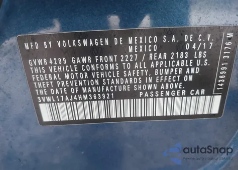 2017 Volkswagen Jetta Sel/Sel Premium from USA, damaged, VIN 3VWL17AJ4HM363921